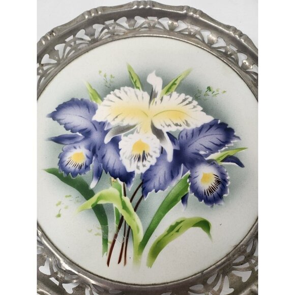 Antique Max Dannhorn Fine Porcelain Serving Tray Metal Ornate Frame Iris Design - Picture 2 of 6